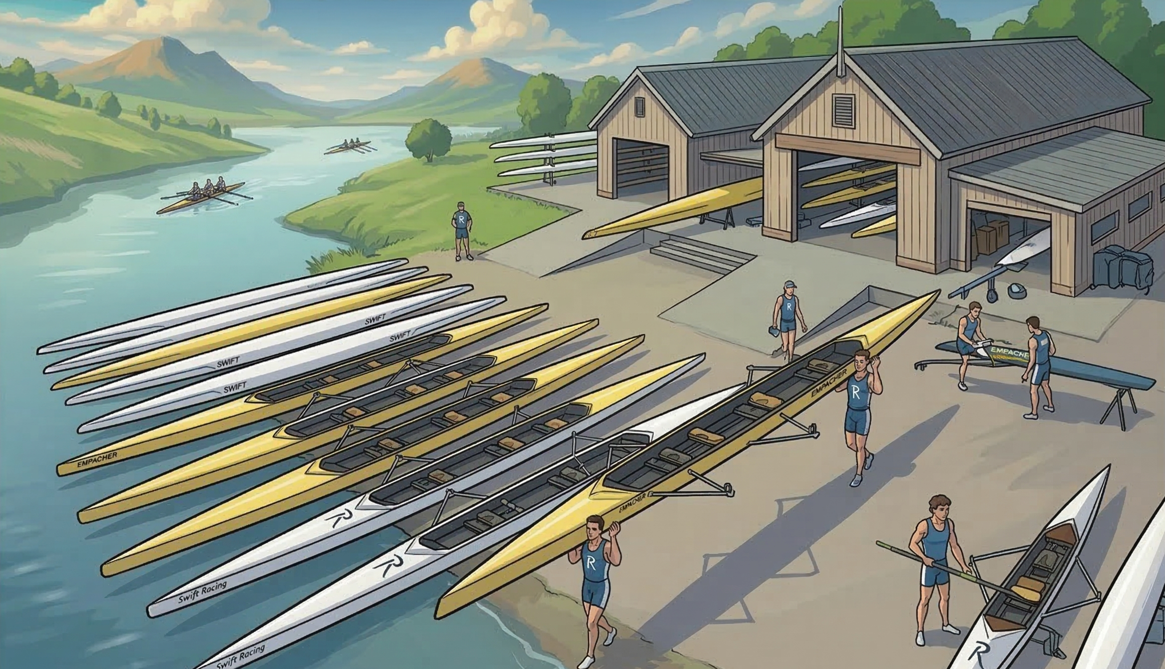 Boathouse with boats and crew members