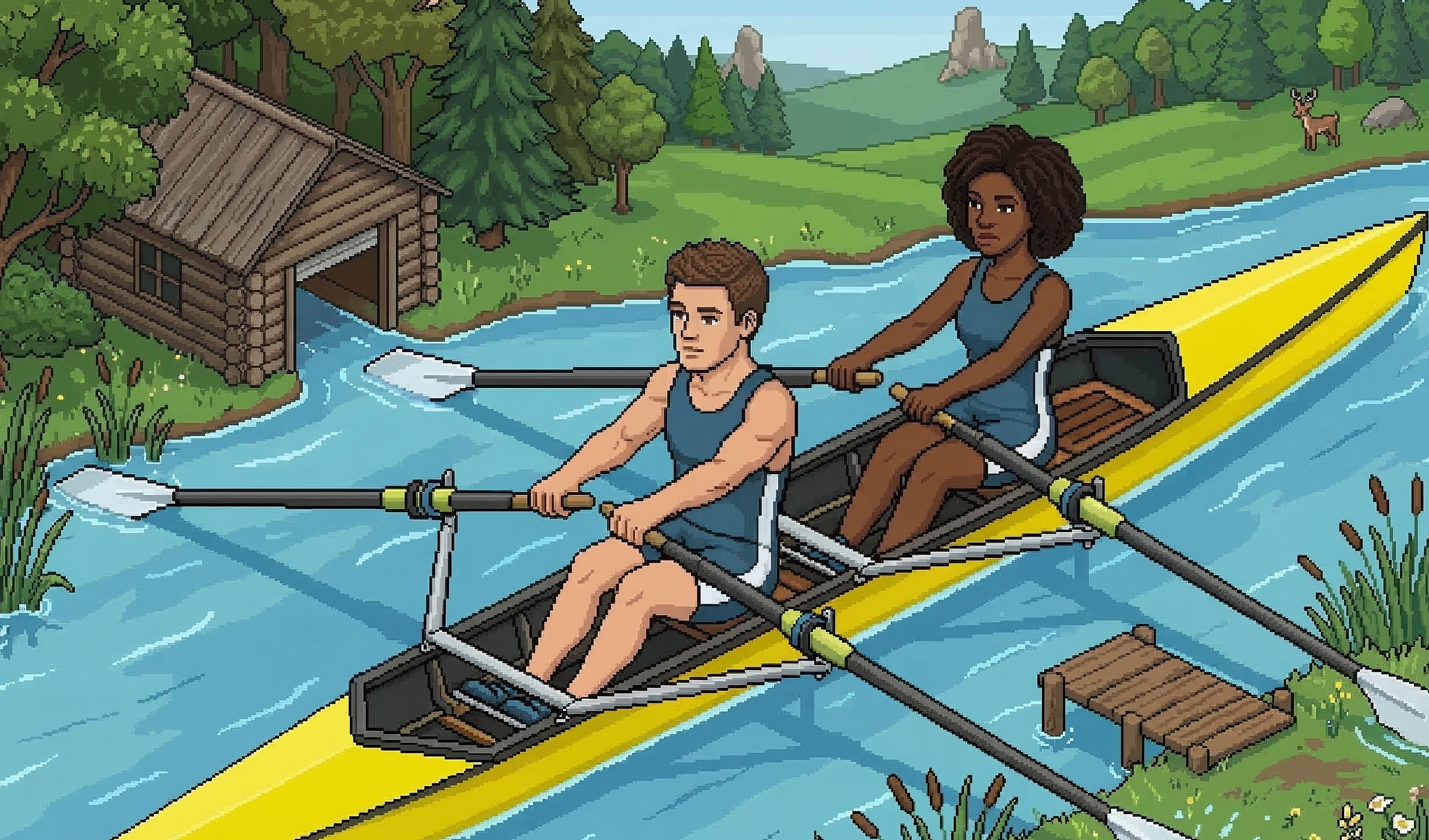 Two rowers training on the water